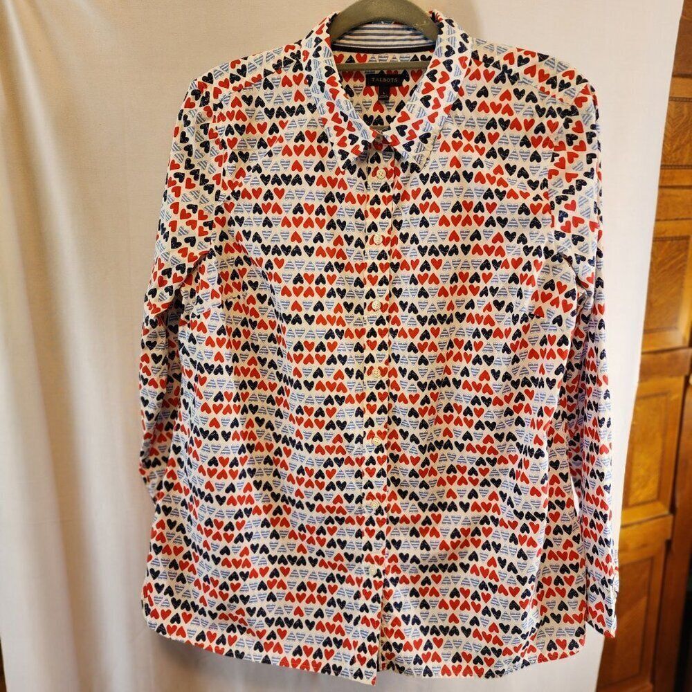 TALBOTS RED/BLUE/NAVY HEART PRINT BLOUSE BUTTON-UP LONG SLEEVE, SIZE LARGE